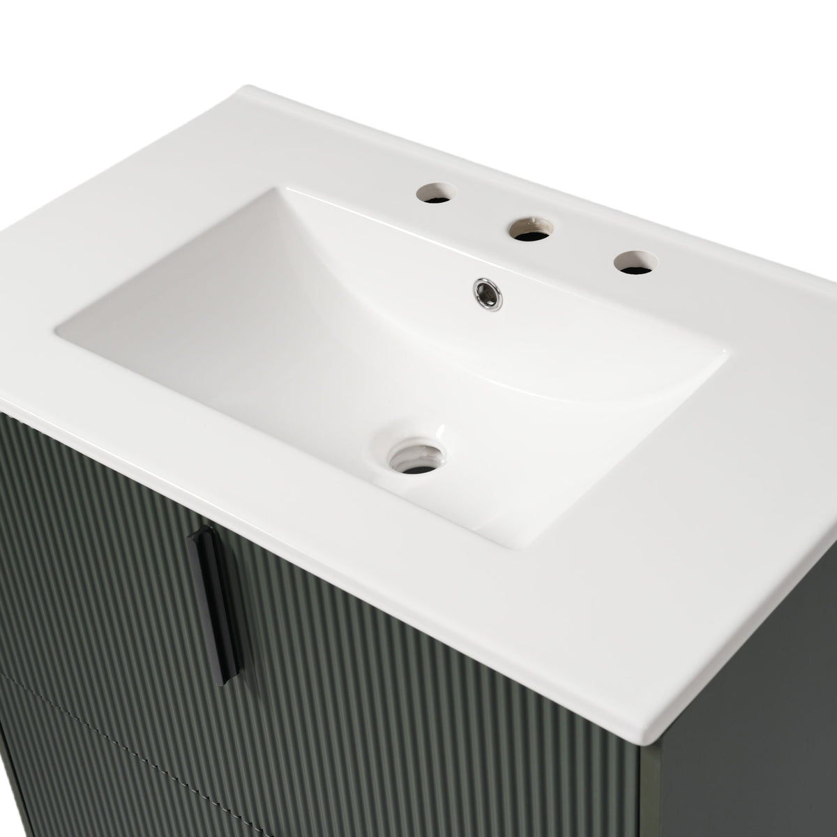 Bathroom Vanity With Ceramic Sink and Fluted Design - Dark Green, White, Light Brown