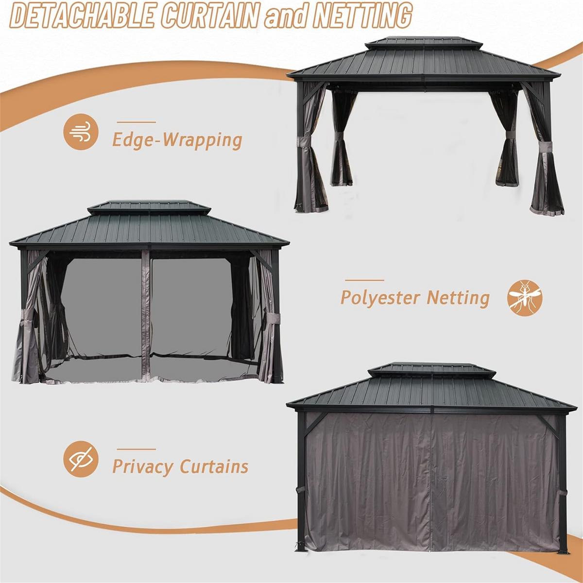 10' x 12' Hardtop Aluminum Gazebo with Double Roof - Gray