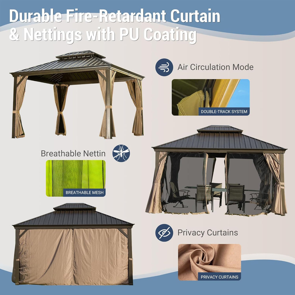 10' x 12' Hardtop Aluminum Gazebo with Double Canopy - Brown