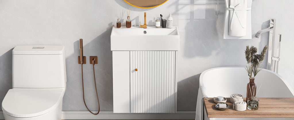 21.6-Inch Modern Floating Bathroom Vanity with Ceramic Basin - White