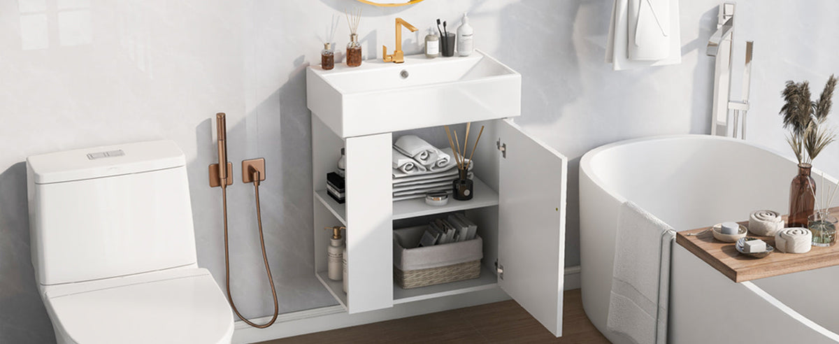 21.6-Inch Modern Floating Bathroom Vanity with Ceramic Basin - White