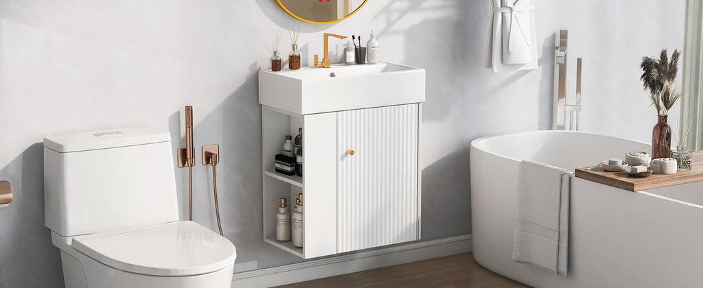 21.6-Inch Modern Floating Bathroom Vanity with Ceramic Basin - White
