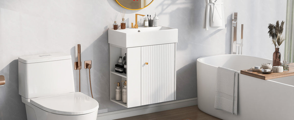 21.6-Inch Modern Floating Bathroom Vanity with Ceramic Basin - White