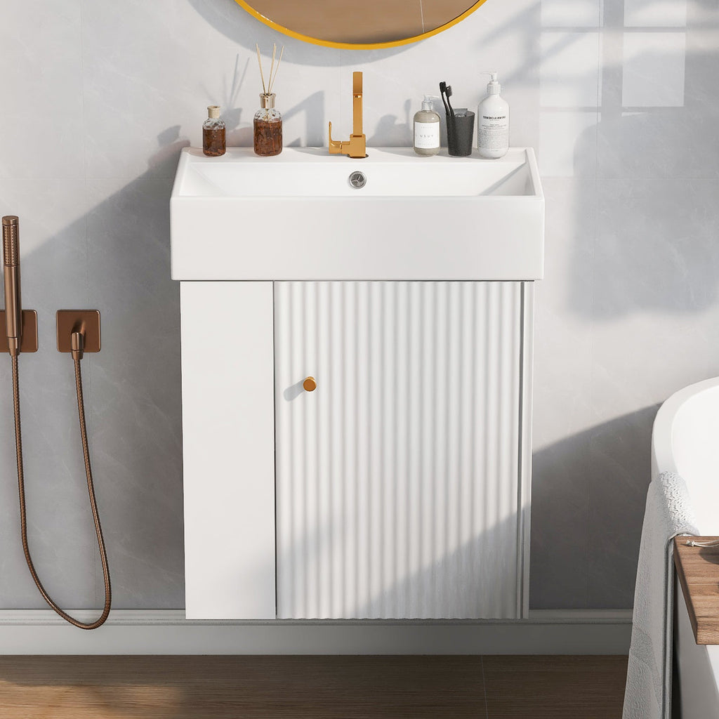 21.6-Inch Modern Floating Bathroom Vanity with Ceramic Basin - White