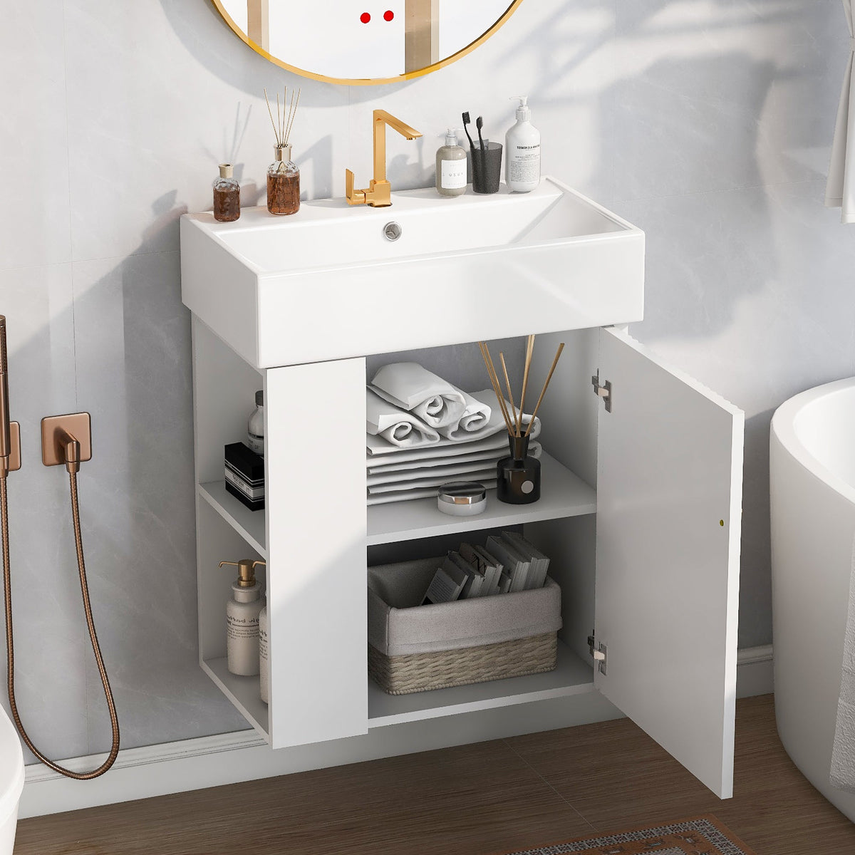 21.6-Inch Modern Floating Bathroom Vanity with Ceramic Basin - White