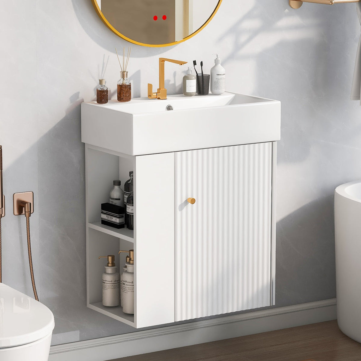 21.6-Inch Modern Floating Bathroom Vanity with Ceramic Basin - White