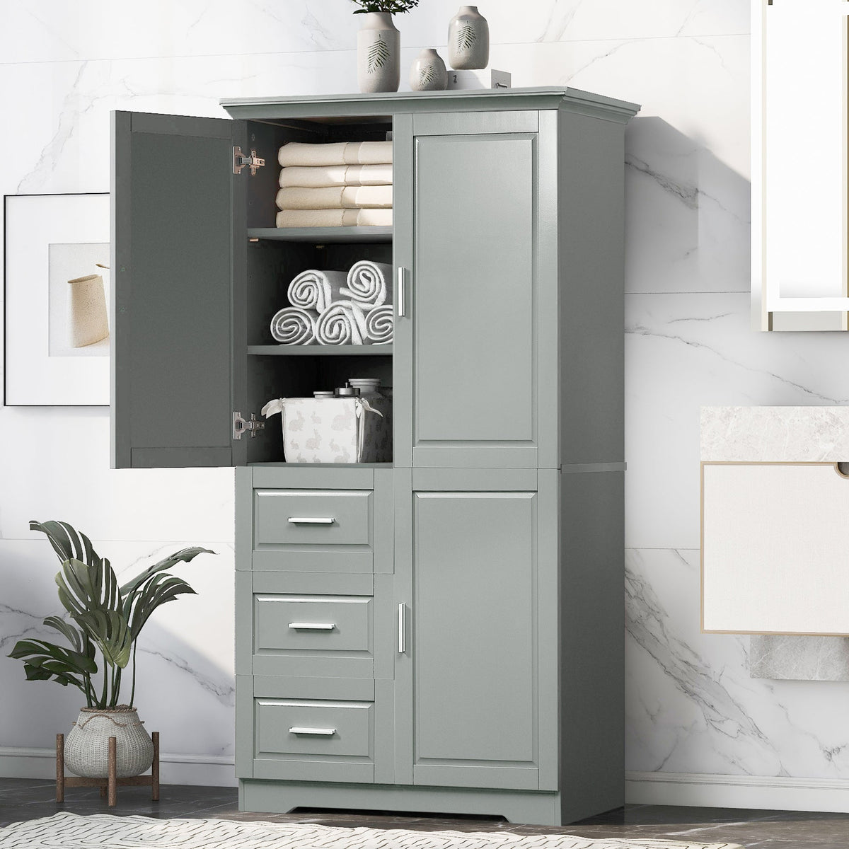 Tall and Wide Storage Cabinet with Doors for Bathroom or Office - Grey