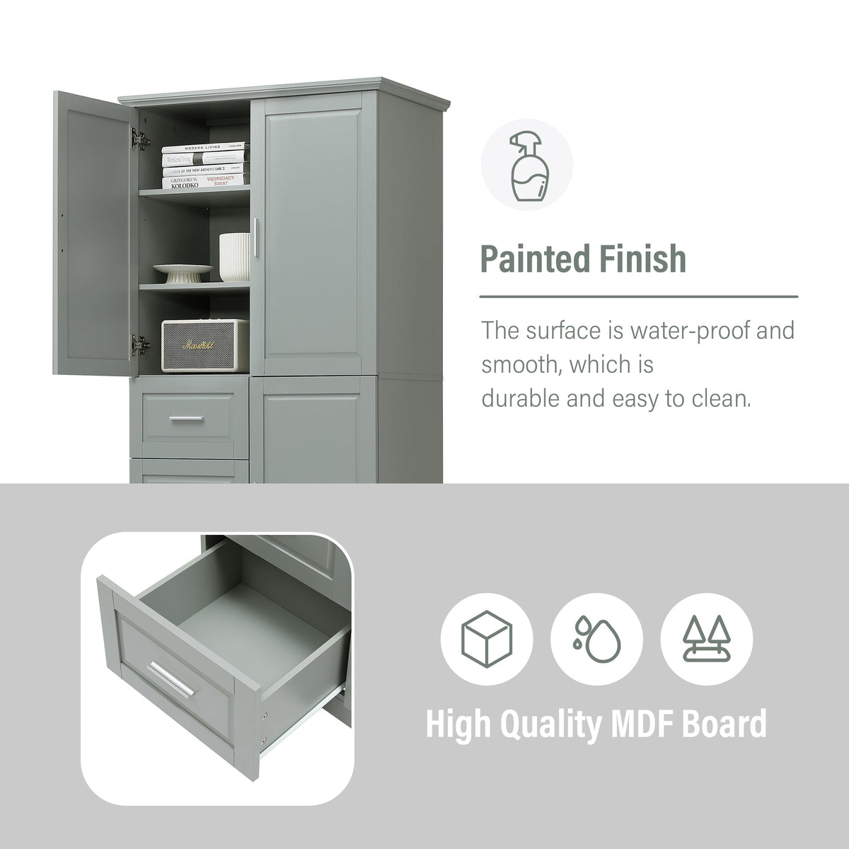 Tall and Wide Storage Cabinet with Doors for Bathroom or Office - Grey