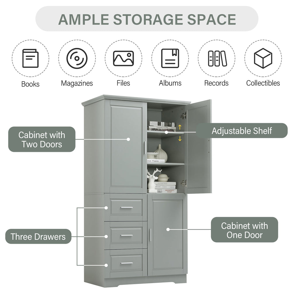 Tall and Wide Storage Cabinet with Doors for Bathroom or Office - Grey