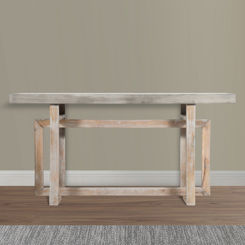 59 Inch Artisan Console Table with Geometric Base - Distressed Matte