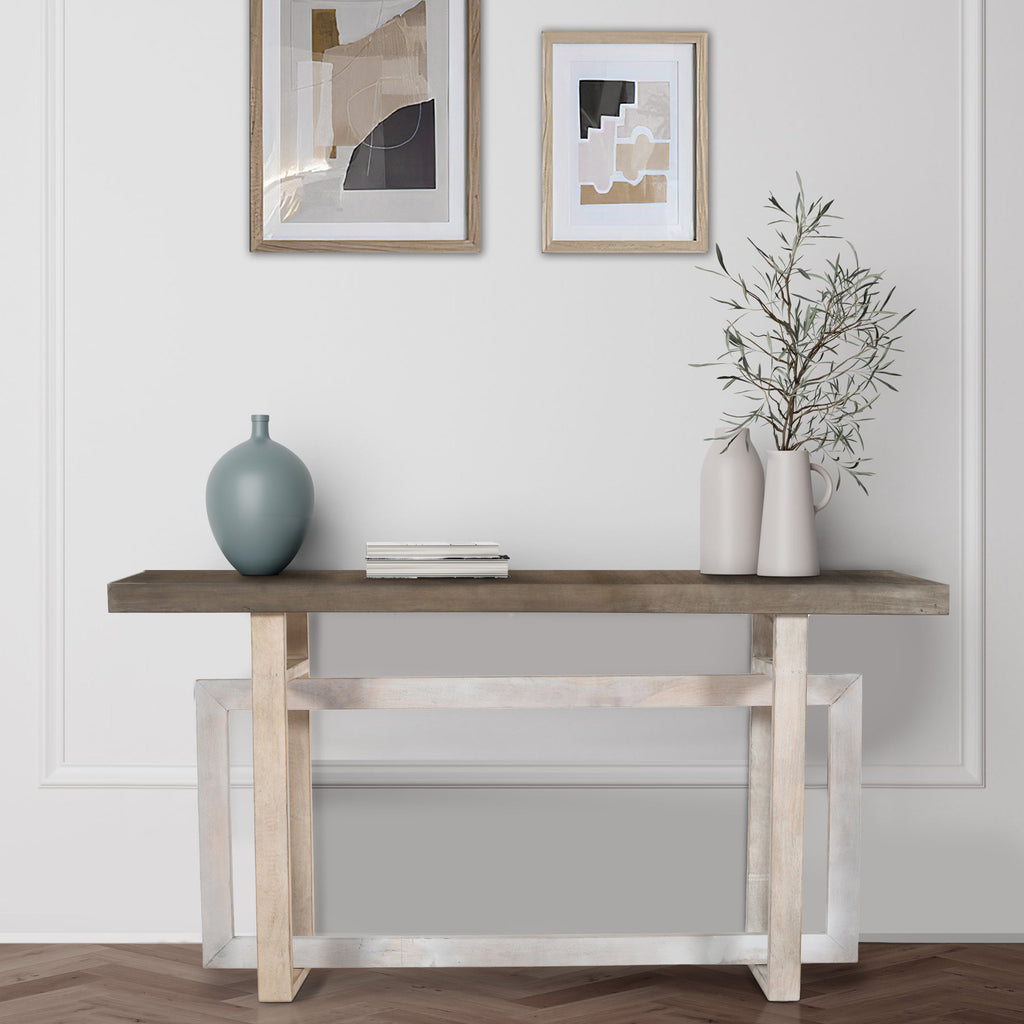 59 Inch Artisan Console Table with Geometric Base - Distressed Matte