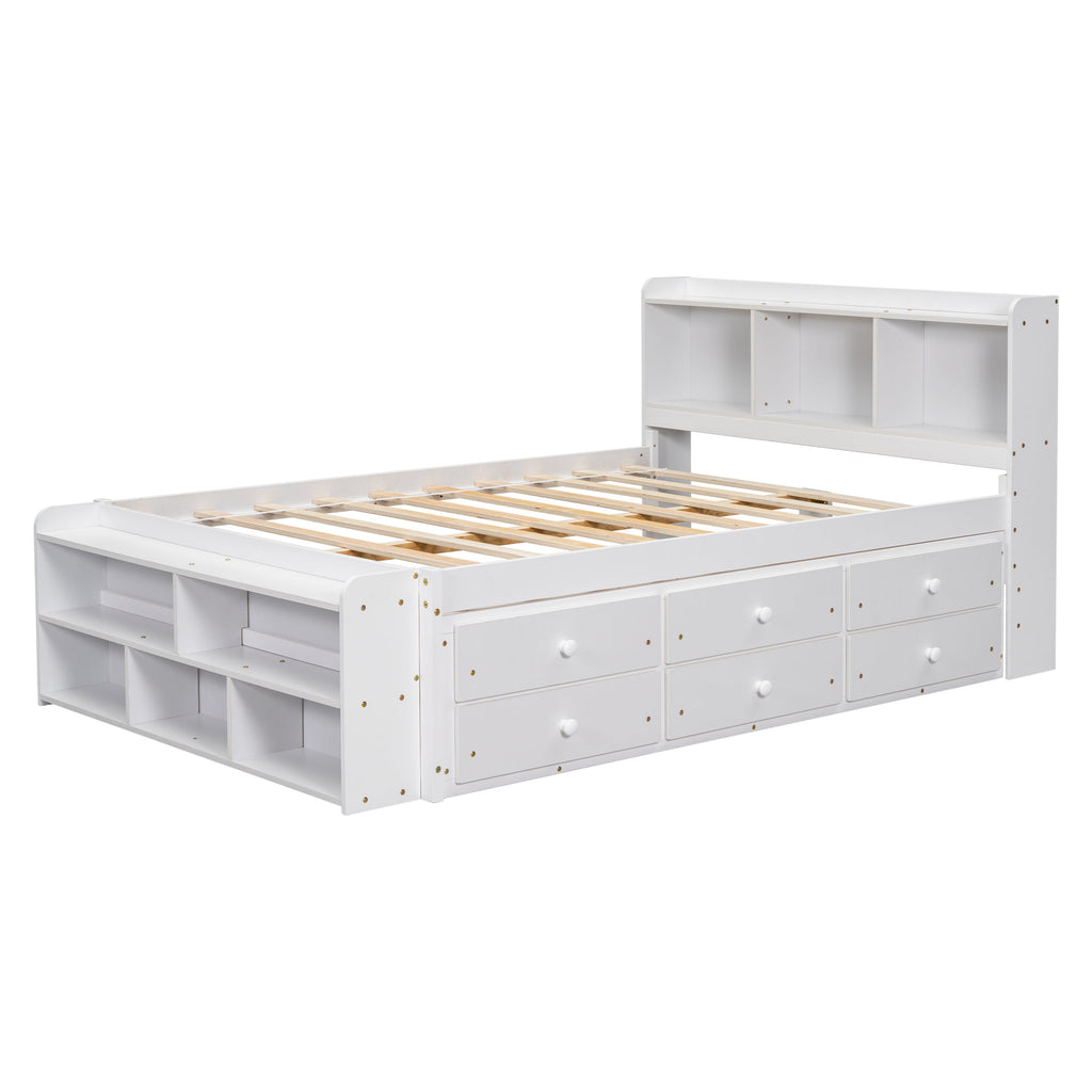 Full Bed with Bookcase Headboard and Under Bed Storage Drawers - White or Espresso