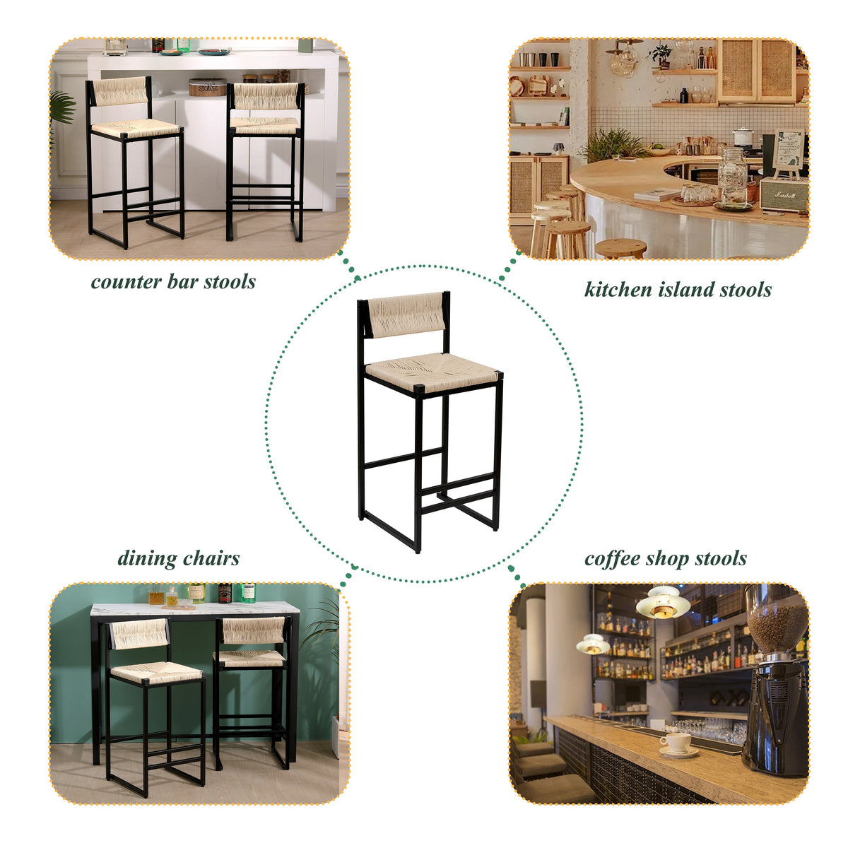 Creamy Bar Chairs Set of 2 with Paper Rope Seating - Creamy White