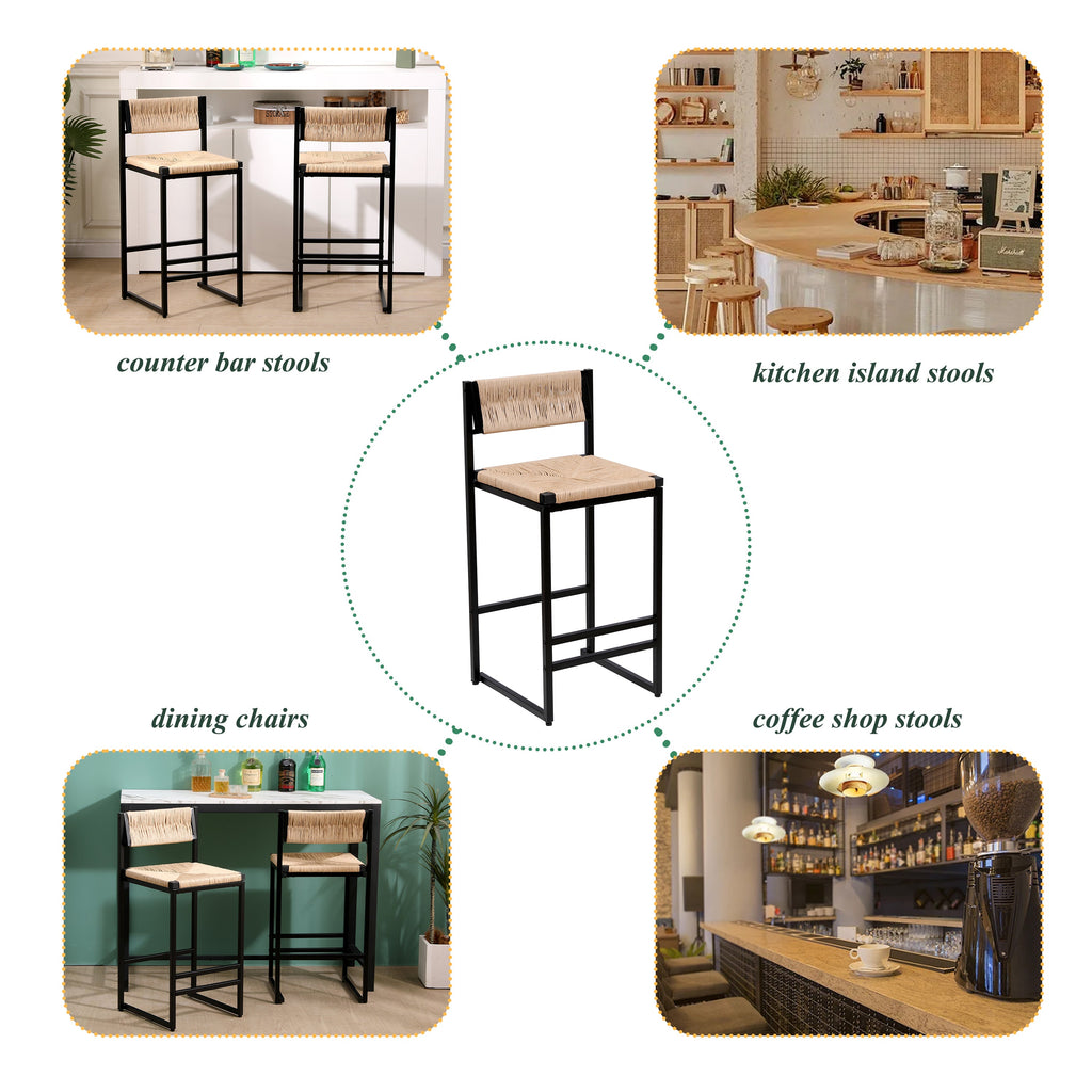 Honey Bar Stools Set of 2 with Paper Rope Weave Seats - Natural Finish