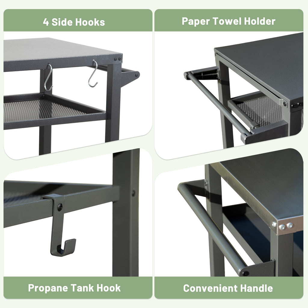 3-Shelf Outdoor Grill Table with Wheels and Propane Tank Hook - Metal