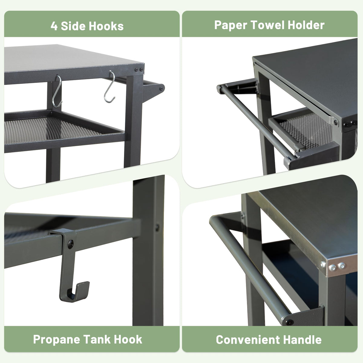 3-Shelf Outdoor Grill Table with Wheels and Propane Tank Hook - Metal