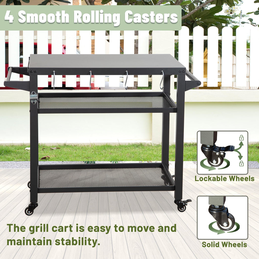 3-Shelf Outdoor Grill Table with Wheels and Propane Tank Hook - Metal