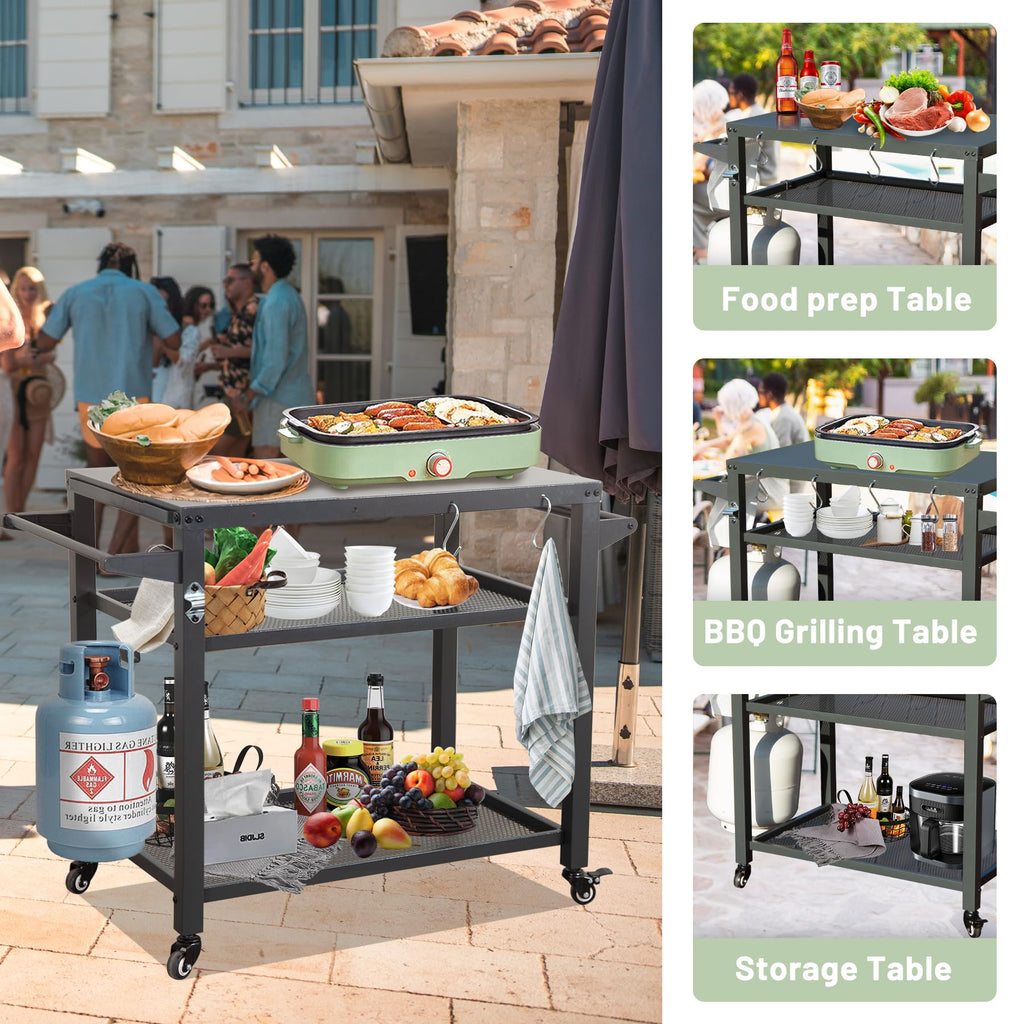 3-Shelf Outdoor Grill Table with Wheels and Propane Tank Hook - Metal