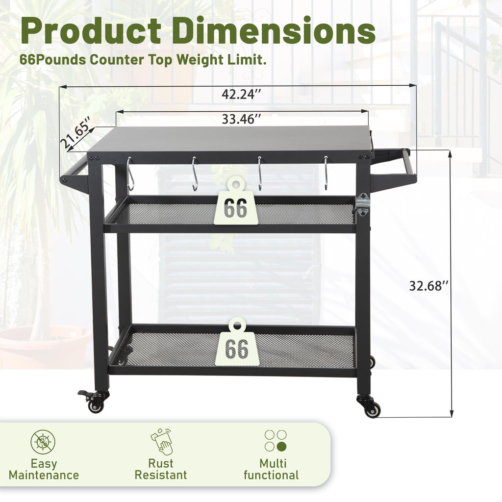 3-Shelf Outdoor Grill Table with Wheels and Propane Tank Hook - Metal