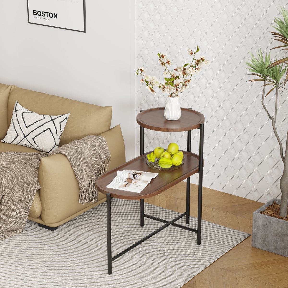 Small Coffee Table with Wood Storage Shelf - Walnut Brown
