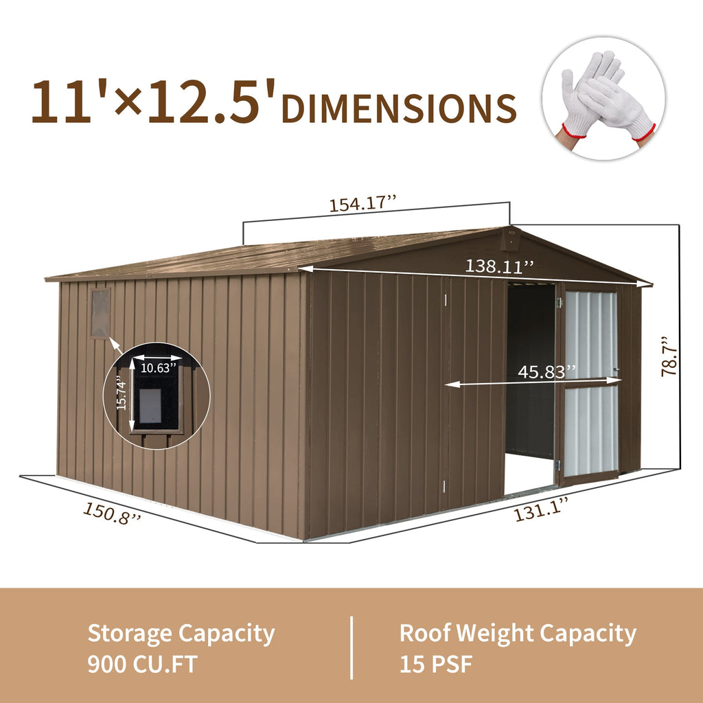 Backyard Storage Shed 11' x 12.5' with Galvanized Steel Frame & Windows - Brown