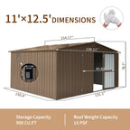 Backyard Storage Shed 11' x 12.5' with Galvanized Steel Frame & Windows - Brown