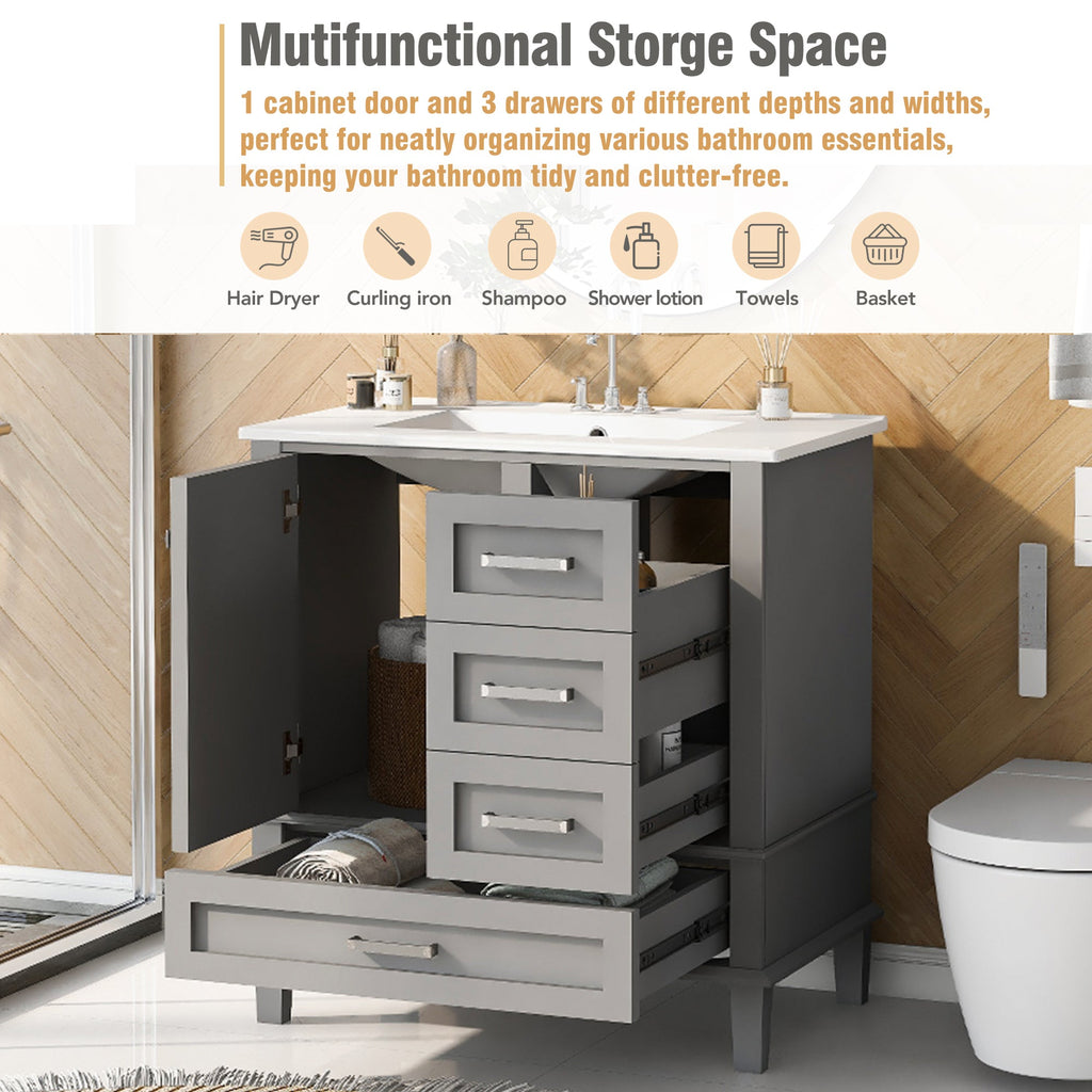 30" Bathroom Vanity with Sink Combo Set with Solid Wood Frame - Grey