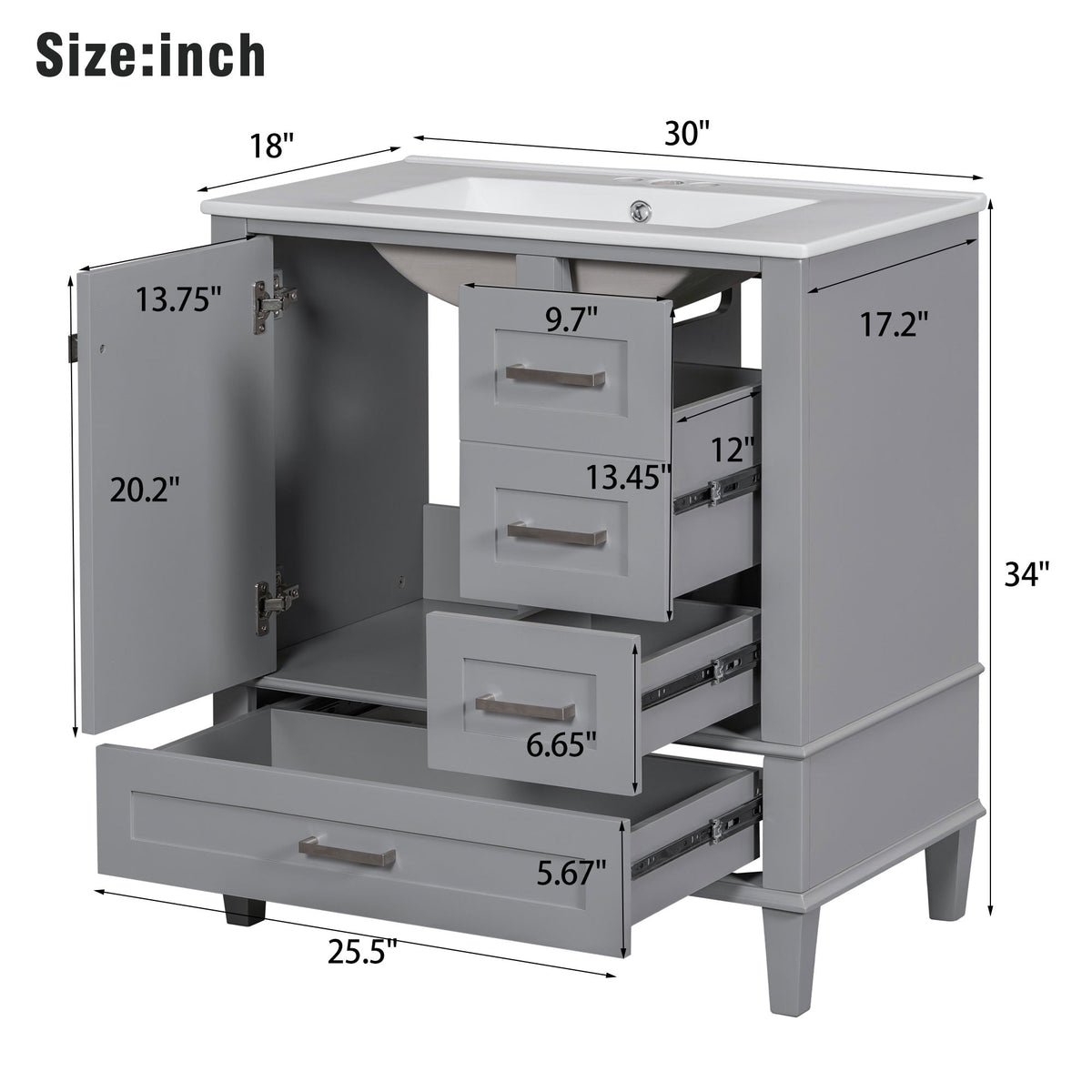 30" Bathroom Vanity with Sink Combo Set with Solid Wood Frame - Grey