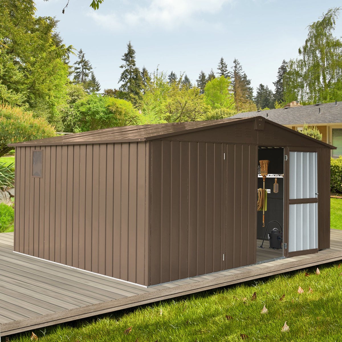 Backyard Storage Shed 11' x 12.5' with Galvanized Steel Frame & Windows - Brown