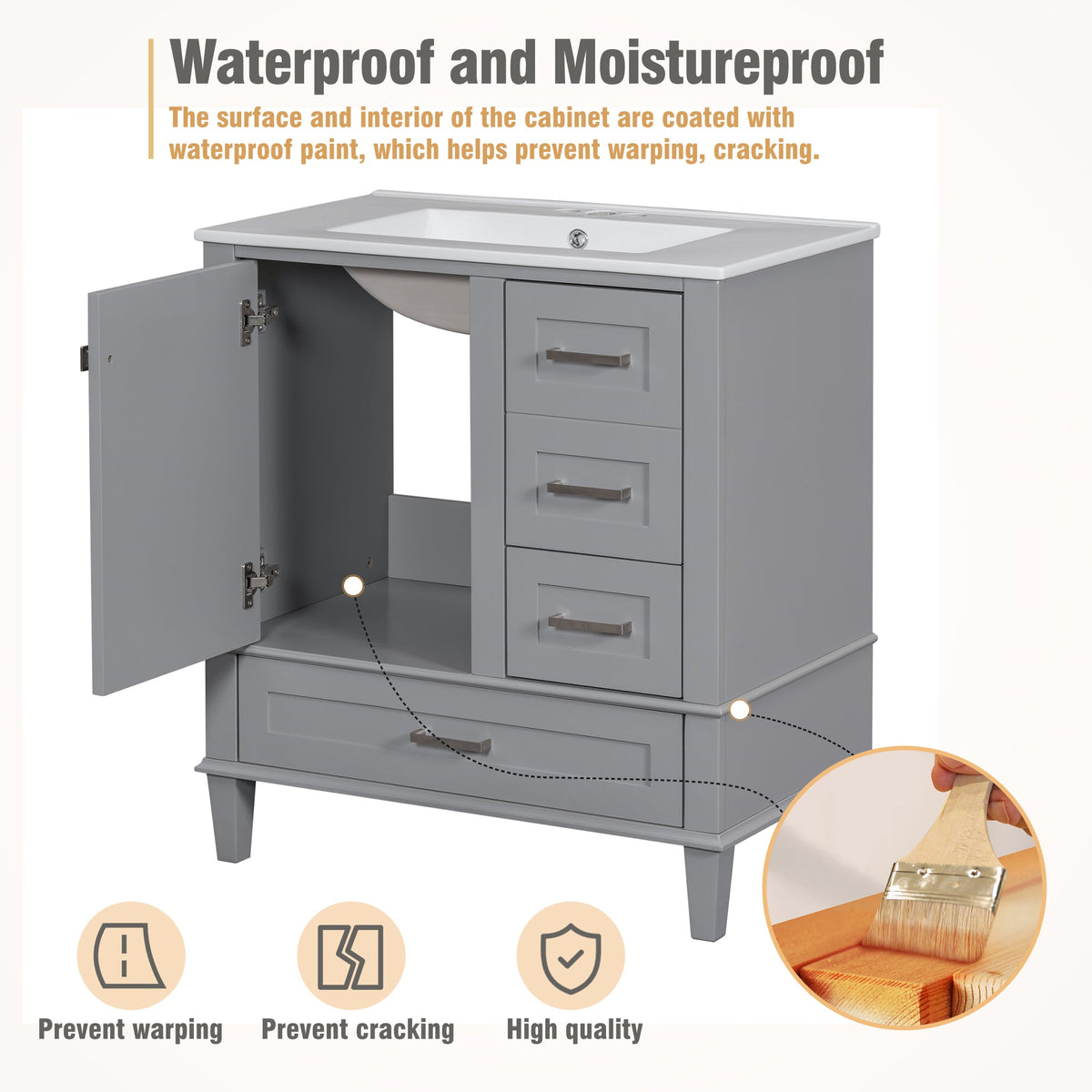 30" Bathroom Vanity with Sink Combo Set with Solid Wood Frame - Grey
