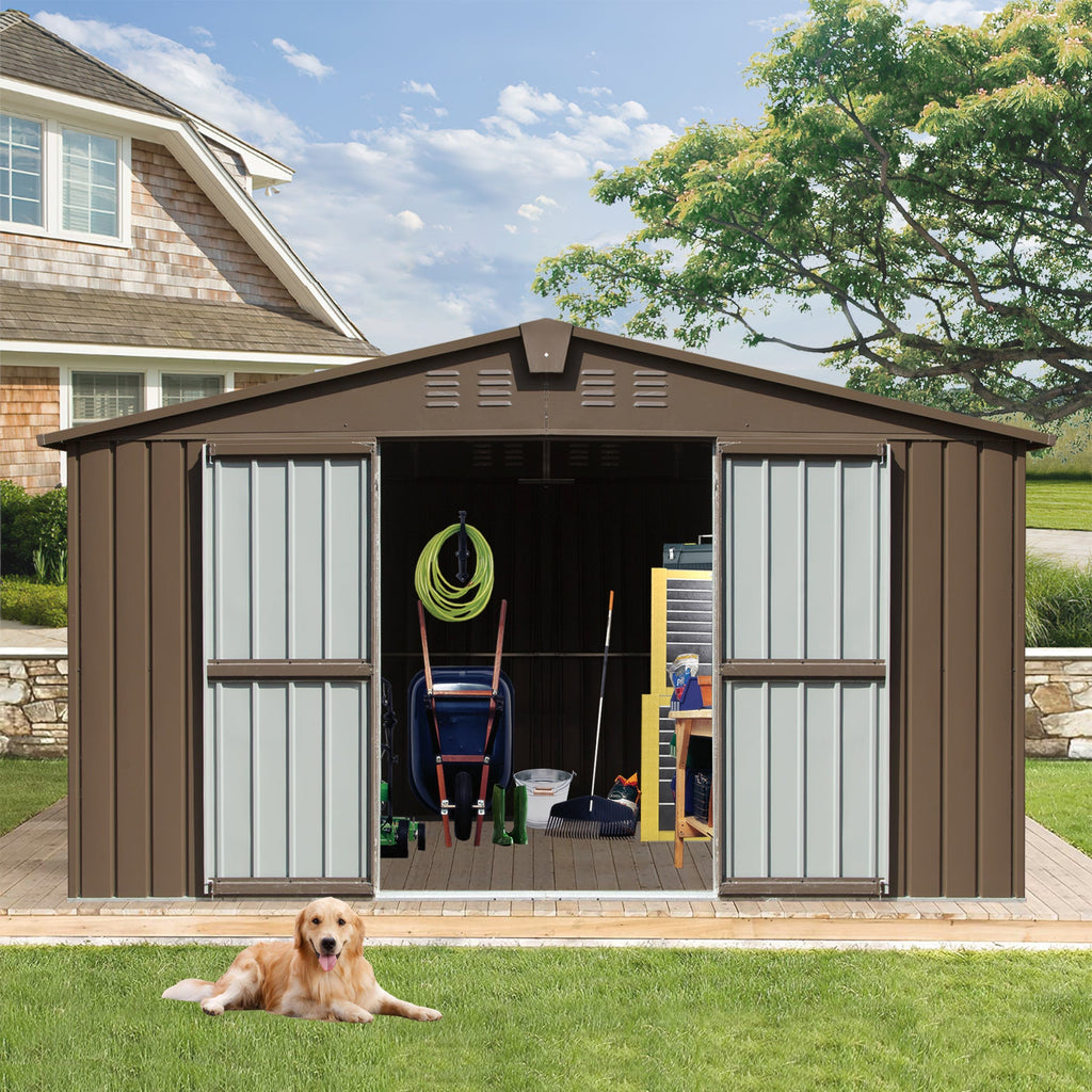 Backyard Storage Shed 11' x 12.5' with Galvanized Steel Frame & Windows - Brown
