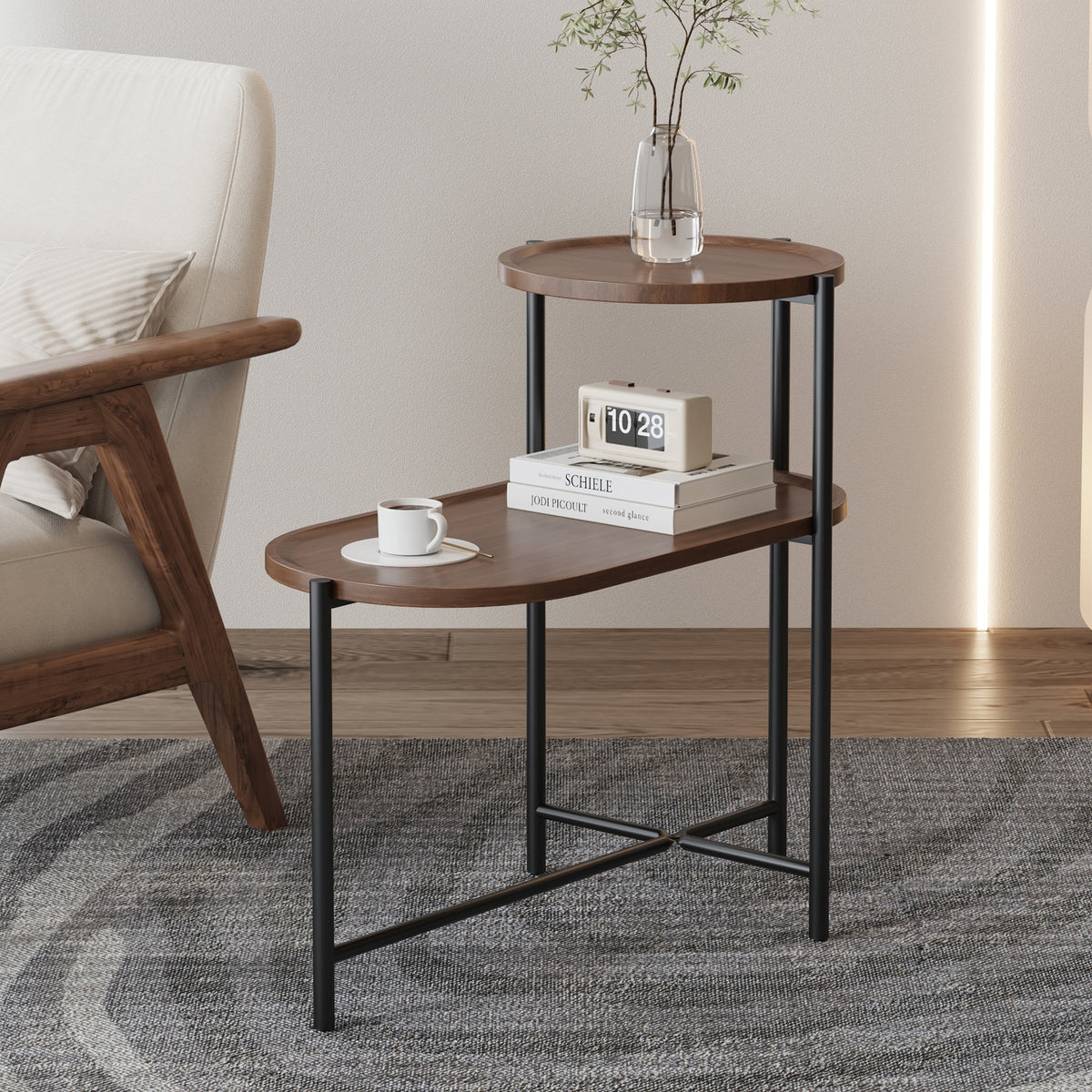 Small Coffee Table with Wood Storage Shelf - Walnut Brown