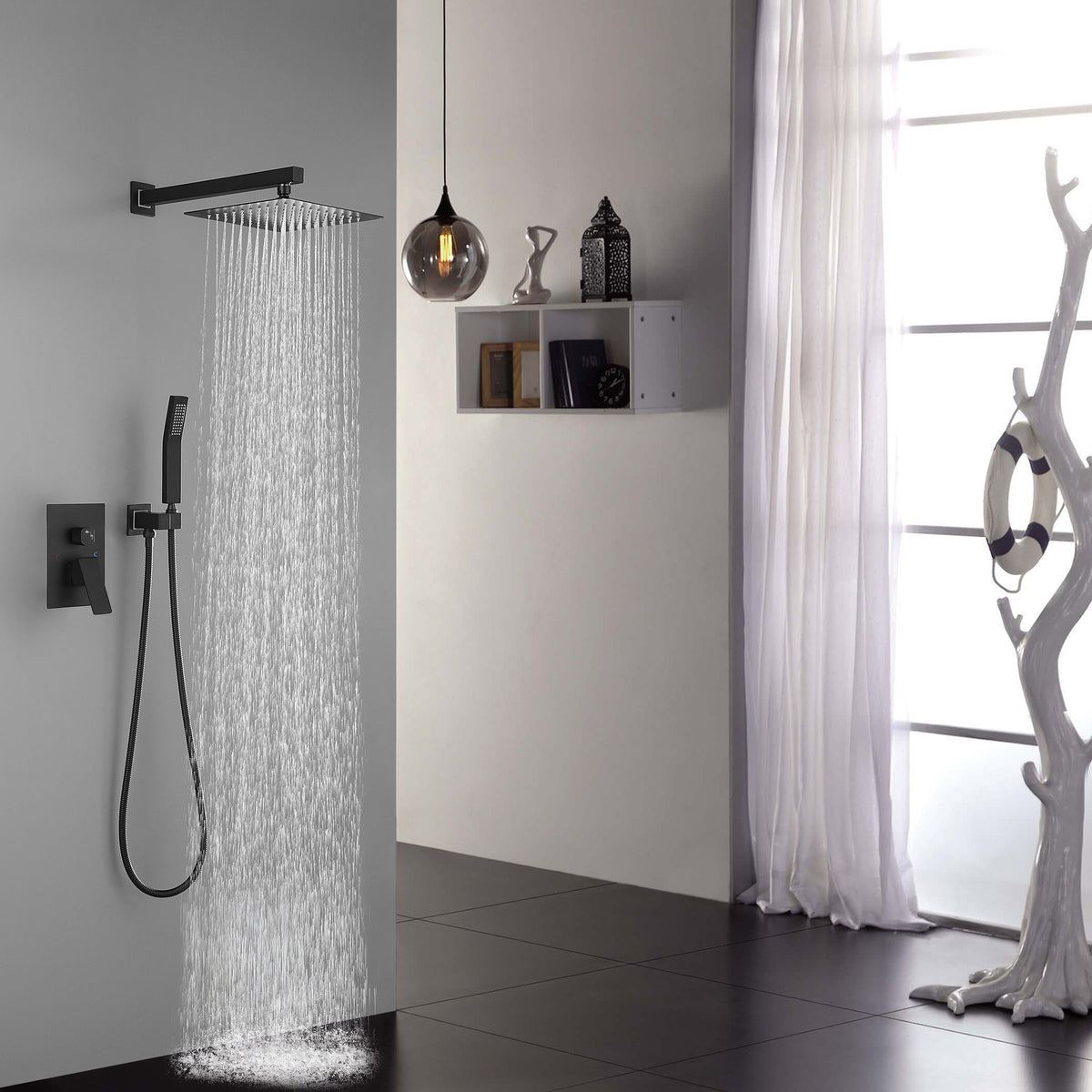 10 Inch Freestanding Tub Faucet with Luxury Rain Shower Head - Brass
