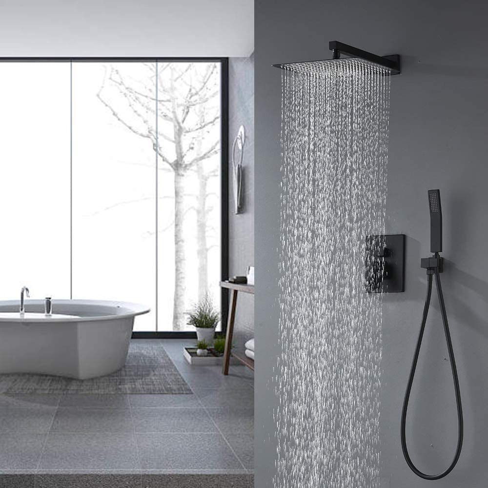 10 Inch Freestanding Tub Faucet with Luxury Rain Shower Head - Brass