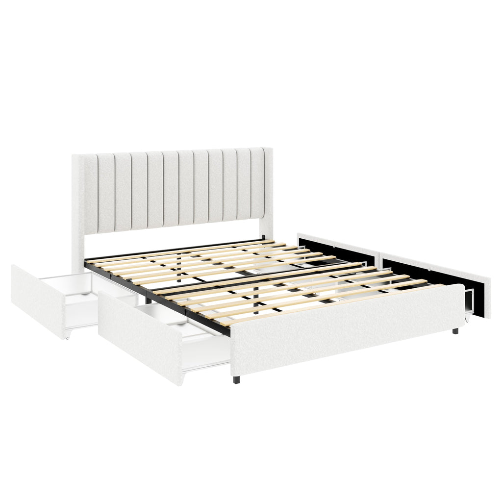 Queen Size Bed with 4-Drawer Storage - Boucle Upholstery