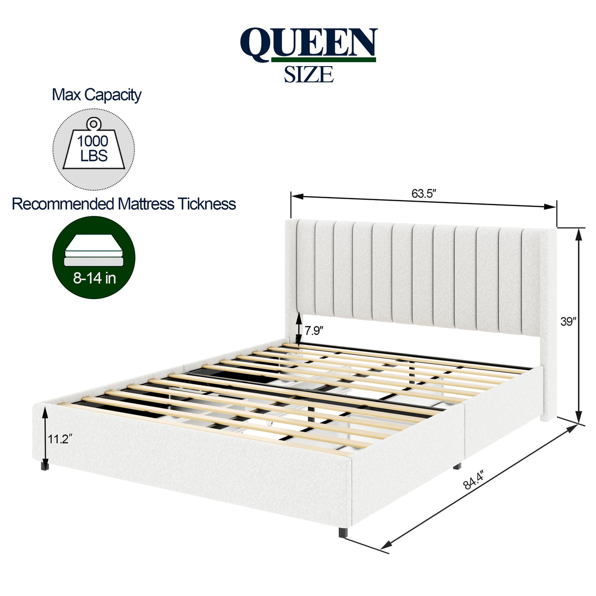 Queen Size Bed with 4-Drawer Storage - Boucle Upholstery