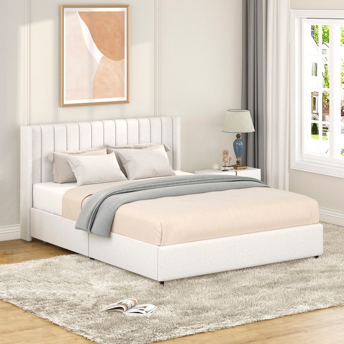 Queen Size Bed with 4-Drawer Storage - Boucle Upholstery
