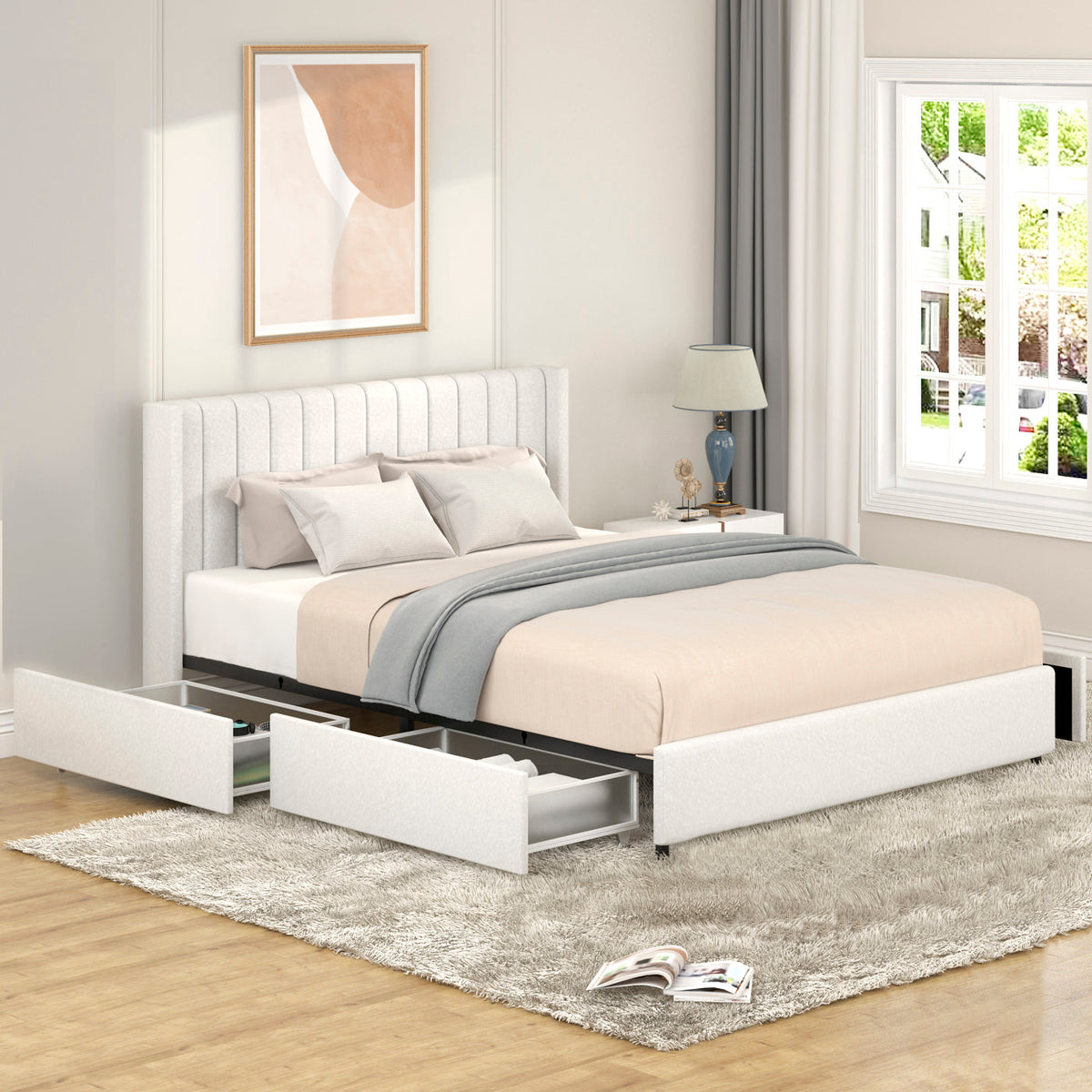 Queen Size Bed with 4-Drawer Storage - Boucle Upholstery