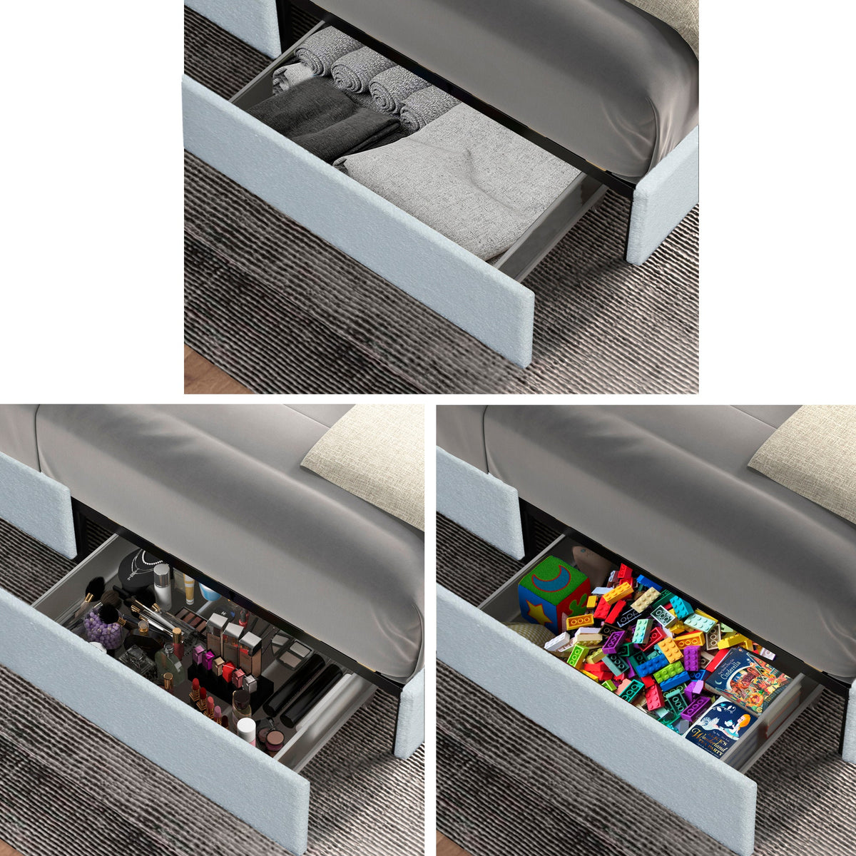 Queen Size Bed with 4-Drawer Storage - Boucle Upholstery