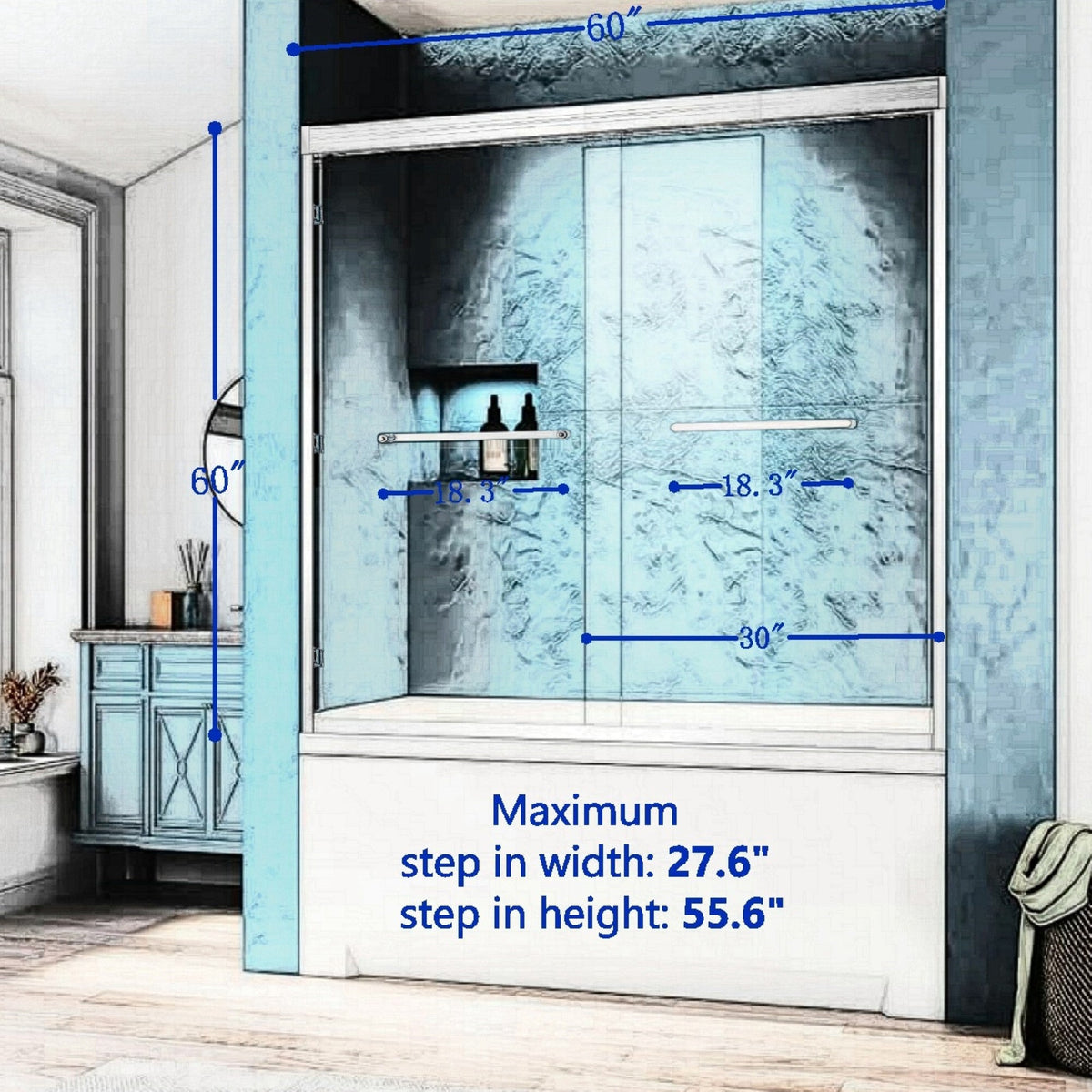 Double Sliding Tub Shower Door with Aluminium Alloy Frame - 56-60"W x 60"H