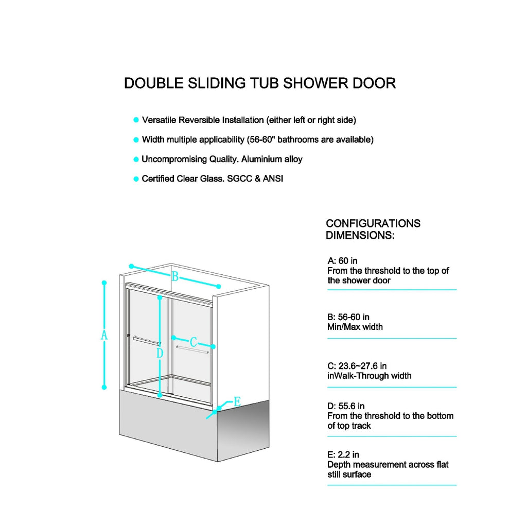 Double Sliding Tub Shower Door with Aluminium Alloy Frame - 56-60"W x 60"H
