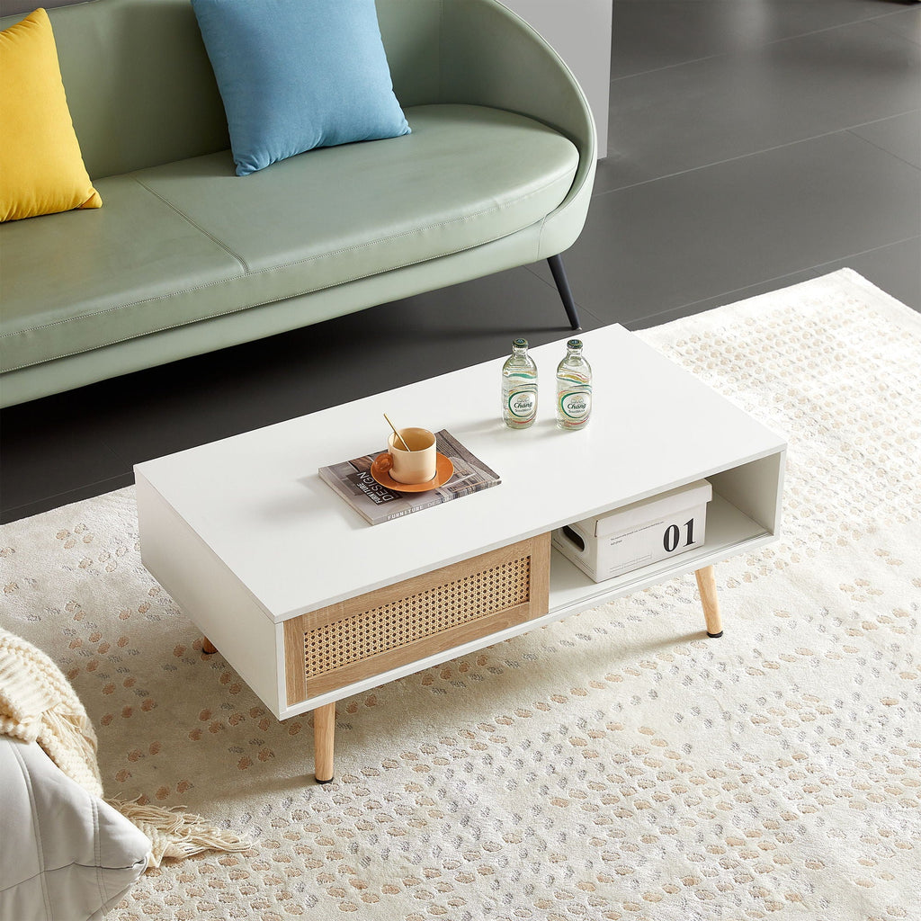 Rattan Coffee Table with Sliding Storage Door – Solid Wood Legs - Light Brown, White, or Dark Brown