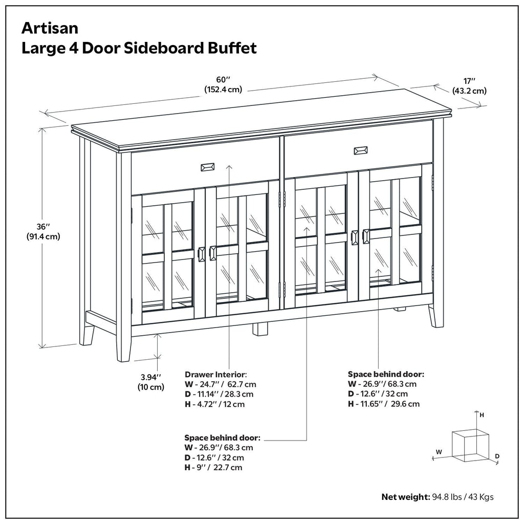 Large 4 Door Sideboard Buffet with Glass Doors - Russet Brown