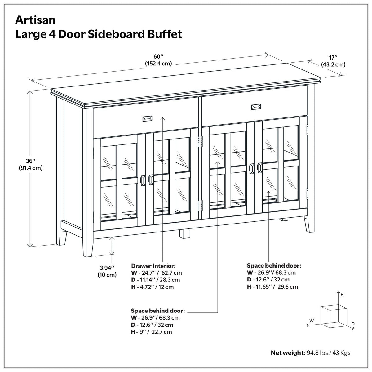 Large 4 Door Sideboard Buffet with Glass Doors - Russet Brown