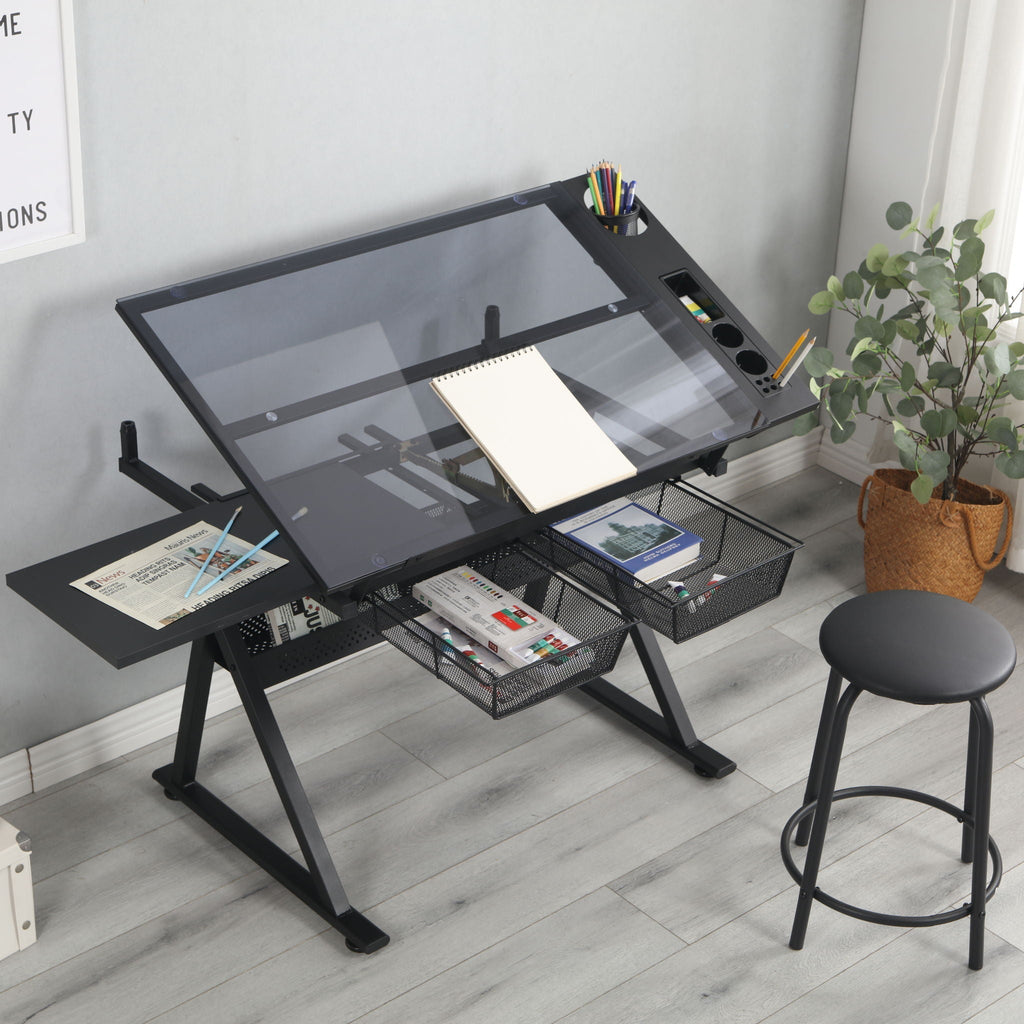 Adjustable Tempered Glass Drafting Printing Table with Chair - Black or White