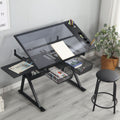 Adjustable Tempered Glass Drafting Printing Table with Chair - Black or White