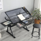 Adjustable Tempered Glass Drafting Printing Table with Chair - Black or White