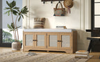Rustic Storage Bench with Woven Rattan Doors - Natural Wood Finish