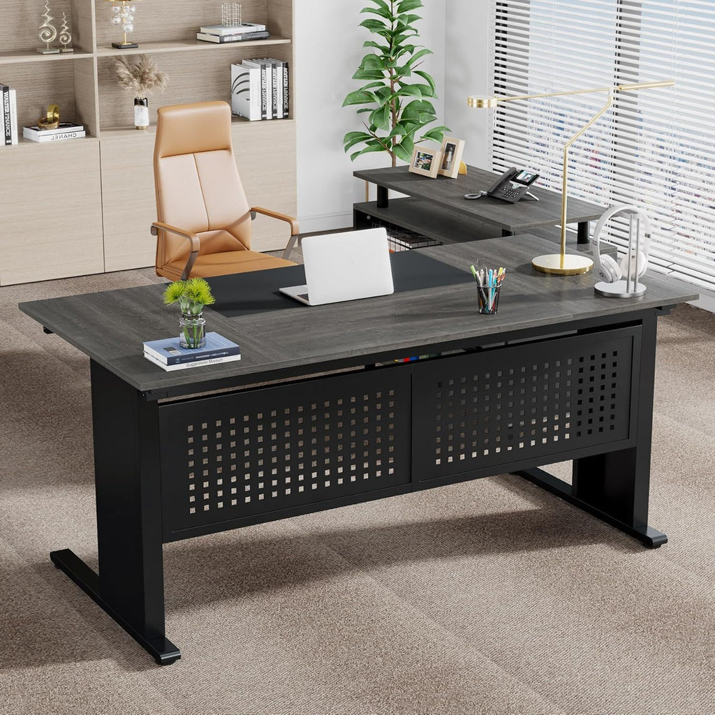 L-Shaped Executive Desk with File Cabinet and Storage Drawers - Light Brown or Dark Gray