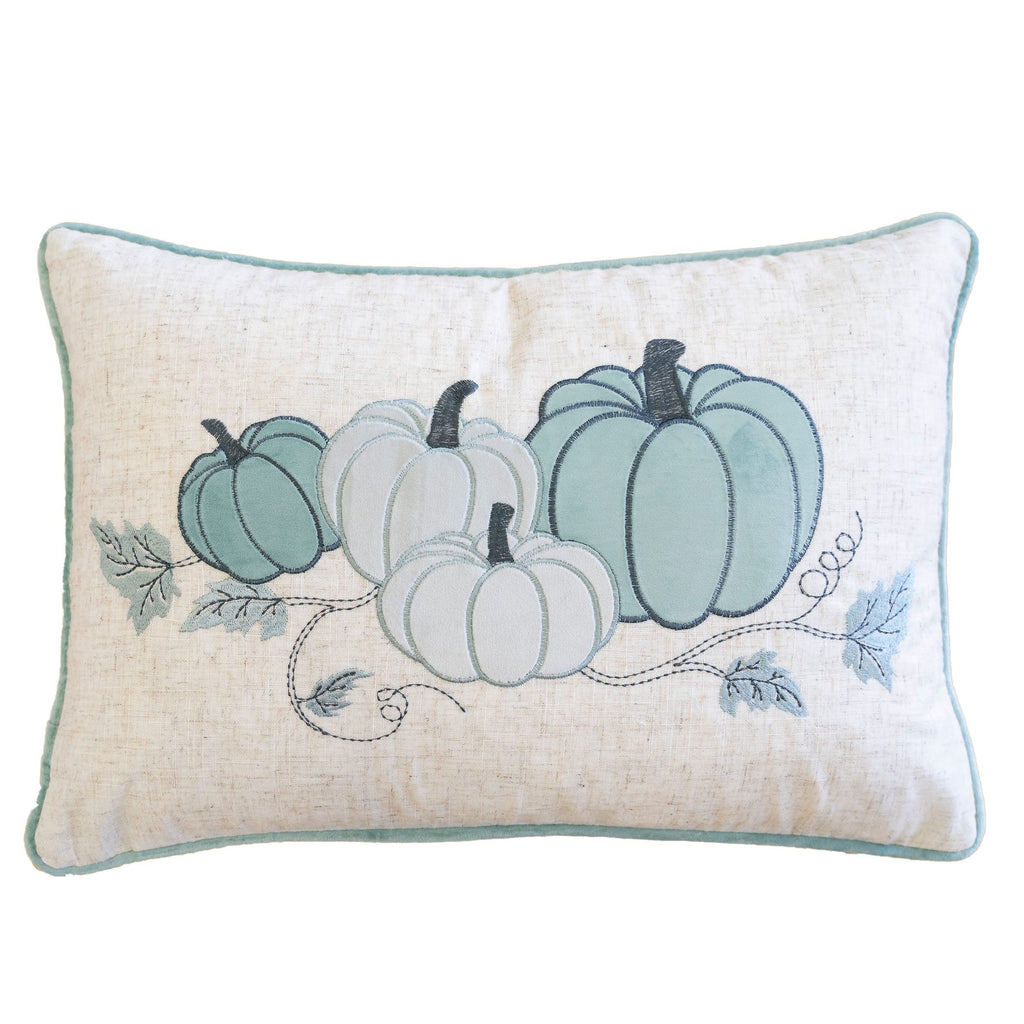 Pastel Harvest Lumbar Pillow with Embroidered Fall Accents – Misty Blue